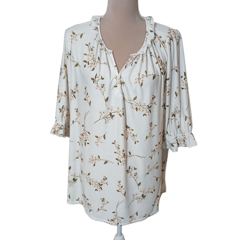 MELLODAY 3X White Floral Print Ruffle Neck 3/4 Sleeve Top Plus Size